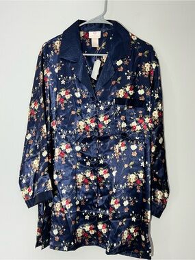 Chance Encounters Women's Floral Silky Button Front Pajama Top Navy Floral Sz 1X